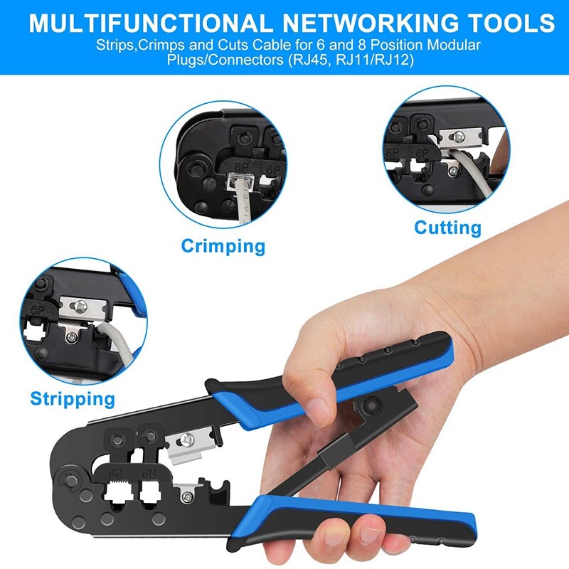 RJ45 Crimping Tool, Cut, Strip Tool with Cable Tester, Cat5 Connectors,Covers,Network Wire Stripper