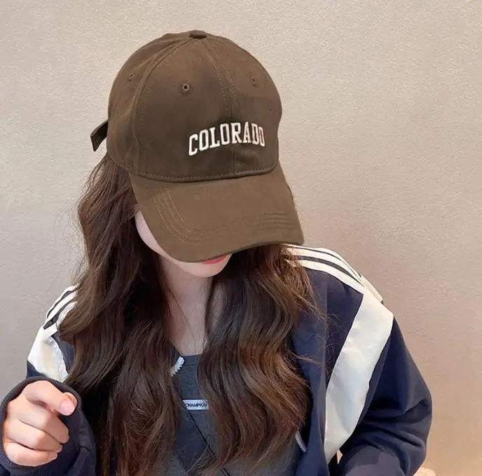 Chapeau de Baseball brodé avec nœud papillon pour femmes, couleur unie, casquette à visière pour fille coréenne, chapeau d'extérieur en coton doux, pare-soleil à rabat: Marron