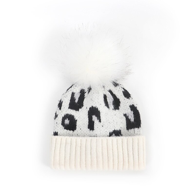 Pompom baby hatt leopard tryckt barn flicka pojke höst vinter mössa mössa mjuk stickad varma barn småbarn mössor keps: Vit