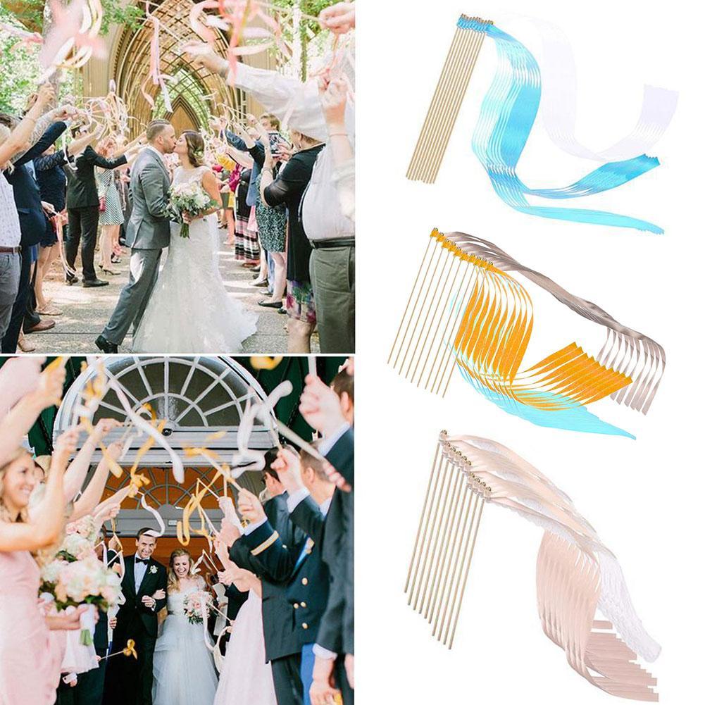 10 sztuk/partia ciemnozielone wstążki ślubne różdżki ze złotym dzwonkiem wstążki kręcenie serpentyny ślubne wstążki Stick