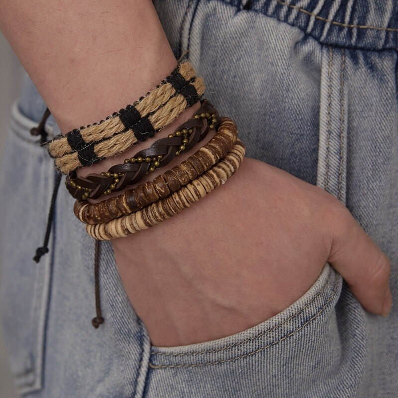 4 pezzi combinazione bracciale da uomo Set corda marrone perline di legno di cocco bracciali in pelle intrecciata per uomo regalo gioielli Pulsera Hombre