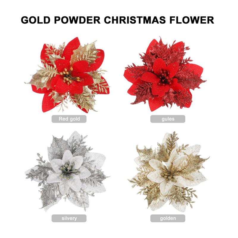 AmaJOY 12 stks Glitter Poinsettia Kerstboom Ornament Kunstmatige Bruiloft Kerstmis Bloemen XMAS Boomkransen Decor Ornament, 5.5inch(14cm), Rood en Goud voor keuze