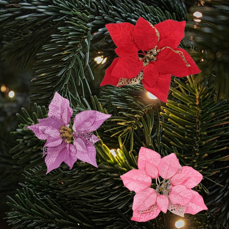 15 sztuk sztuczne świąteczne kwiaty dekoracje bożonarodzeniowe ozdoby choinkowe brokatowe złote/srebrny z klipsami upuszczać statek