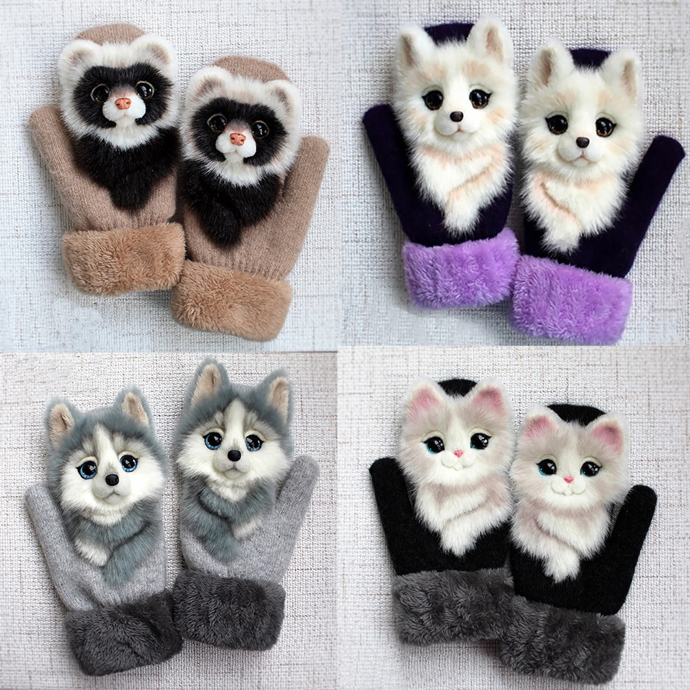 Bébé hiver doux lapin fourrure tricot moufles enfants retourner demi doigt conduite gants en peluche épais mignon chat gants femme 17CM