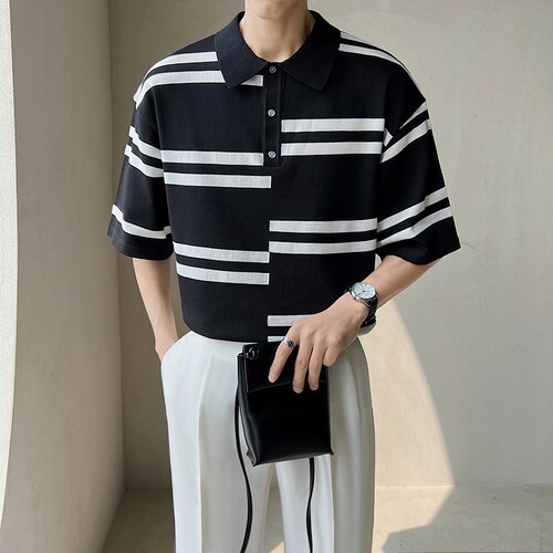 Polo a rayas para hombres, camisetas de punto de seda de hielo de manga corta, camisetas informales de negocios con solapa Social, ropa de verano 2022: Negro / XXL