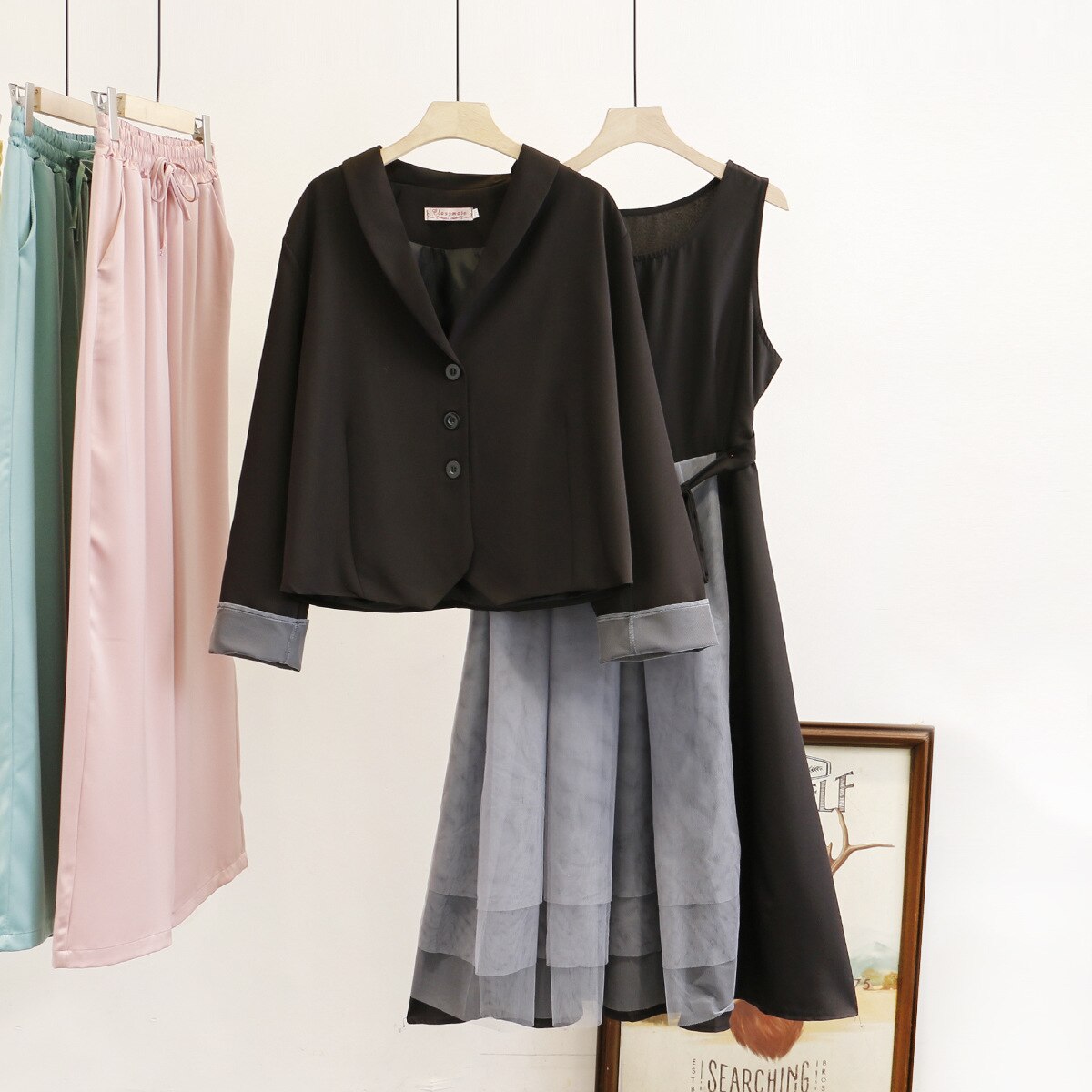 Kvinder sommerkjole jakkesæt dame todelt sæt kvindelige blazere + mesh vestkjoler slim plus size vestido de mujer  a0