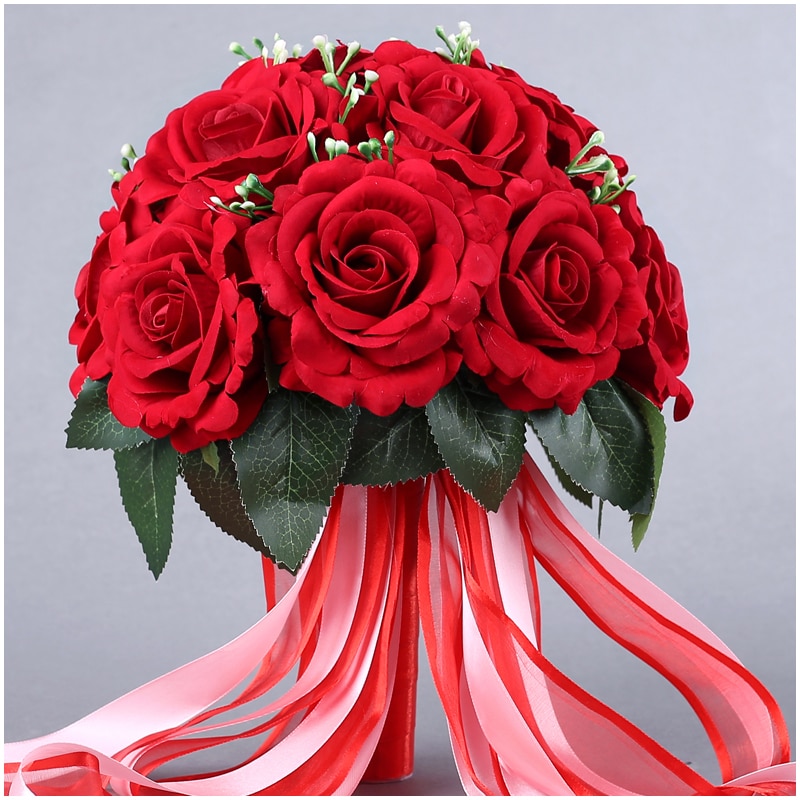 Bouquet de fleurs pour mariée, 15 pièces, rouge chinois, , fleur à main pour demoiselle d&#39;honneur, avec accessoires de ruban, Rose
