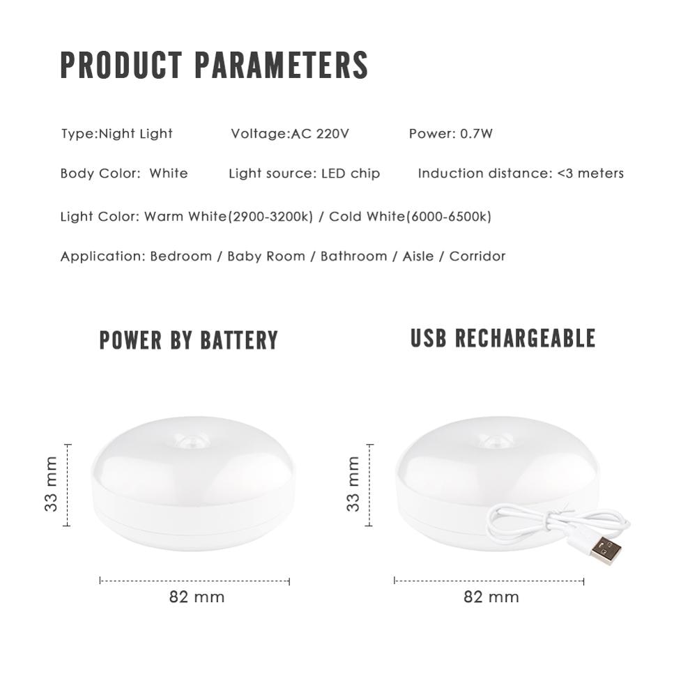 LED Motion sensor Night Light USB Rechargeable Security Rotating Wall Lighting Bedroom Cabinet Kitchen Bedside Stair Lamp Toilet