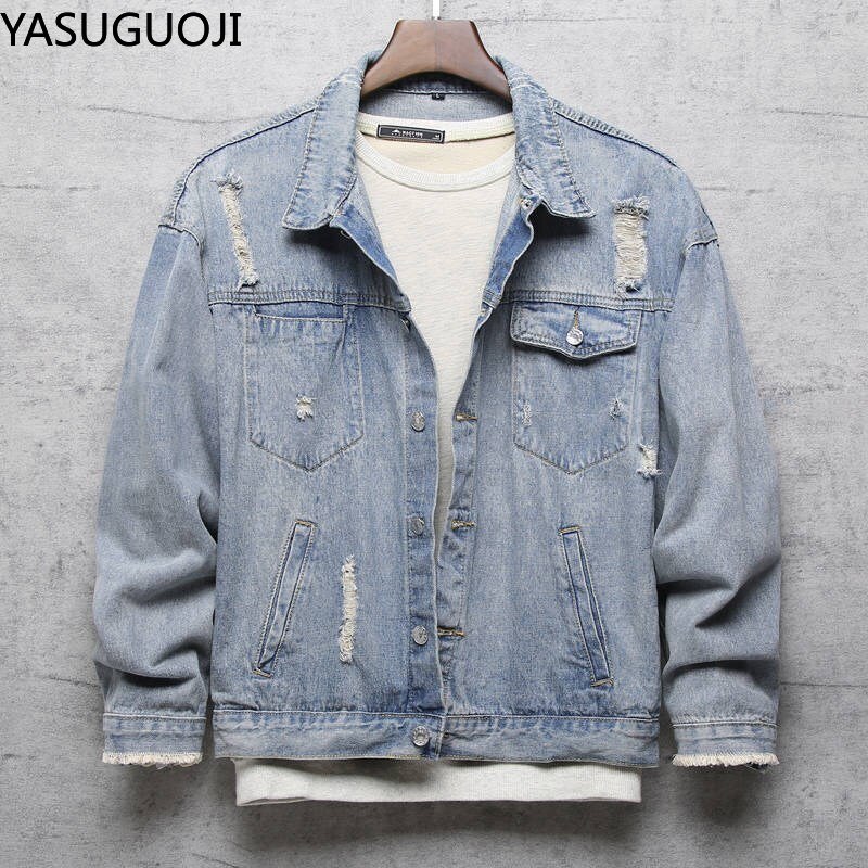 Yasuguji-chaqueta vaquera con estampado de alas para hombre, abrigo vaquero con agujeros rasgados, color azul claro, nueva prenda lavada,