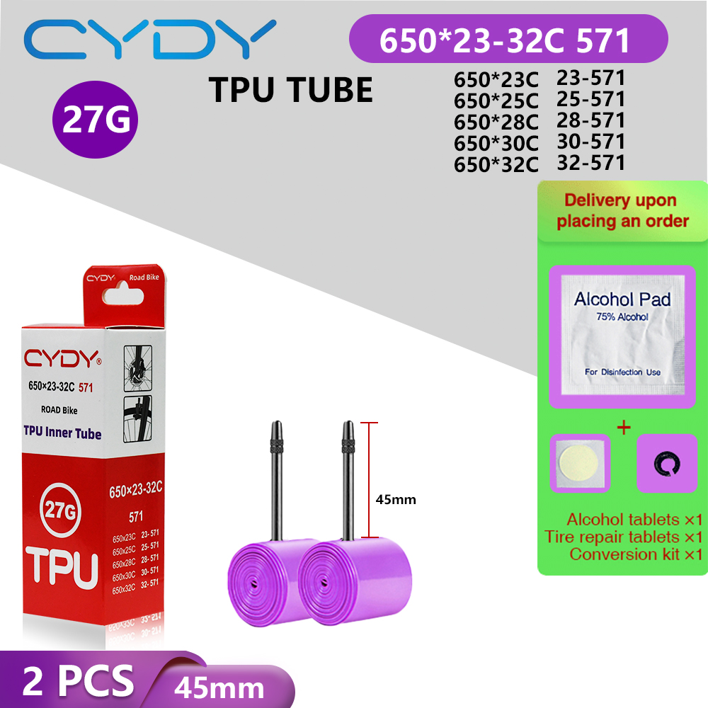 Cydy racercykel tpu-slang 650 x 23c 25c 26c 27c 28c 30c 32c cykeldäck 27g kameradäck 650c pneumatiska aro franska ventiler: Grå