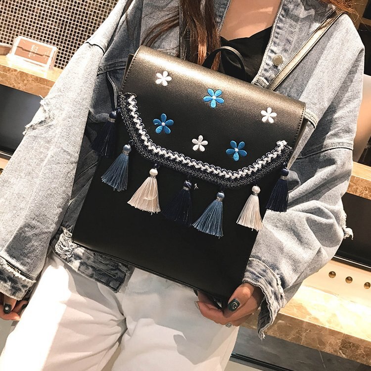 Sommer Neue Gestickte Rucksack Weiblichen Koreanischen Stil Multi-Zweck Quaste Pu Kleinen Rucksack Lässig Schul