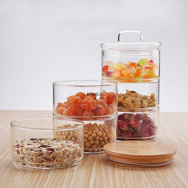 Tarros de almacenamiento de vidrio apilables de alta borosilicato, combinación de tanque de bambú, latas selladas de clasificación, botella de almacenamiento de cocina