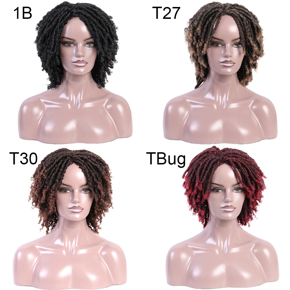 Dreadlock hår peruker mjuka korta syntetiska peruker kinky lockiga peruker för kvinnor virkad fläta peruk ombre bugg hög temperatur fiber
