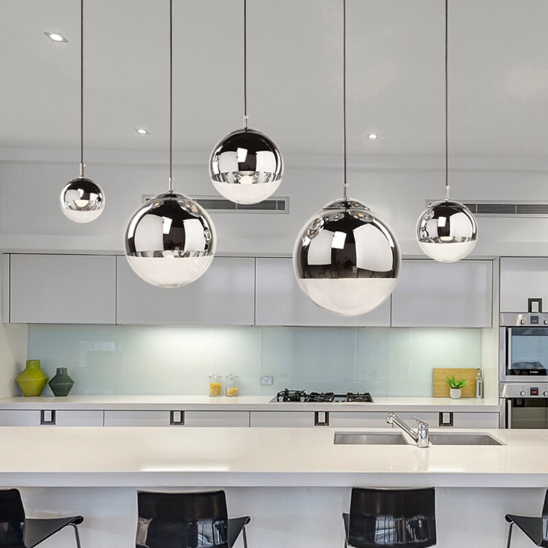 Moderne sølv spejl kugle pendel globe glas led  e27 boligindretning stue soveværelse villa luksus hængende lysarmaturer