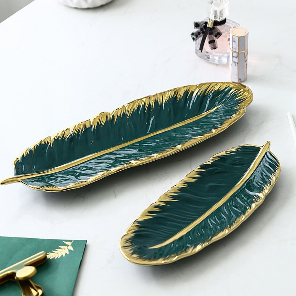 Gold-Plated Ceramic Tray Dark Green Feather Banana Leaf Shape Plate Snack Storage Tray