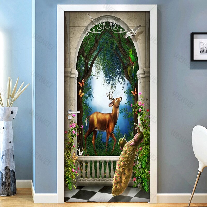 Peacock Deer 3D Door Sticker Mural Living Room Children Room Bedroom Door Decoration Photo Wallpaper Pvc Waterproof Wall Decals