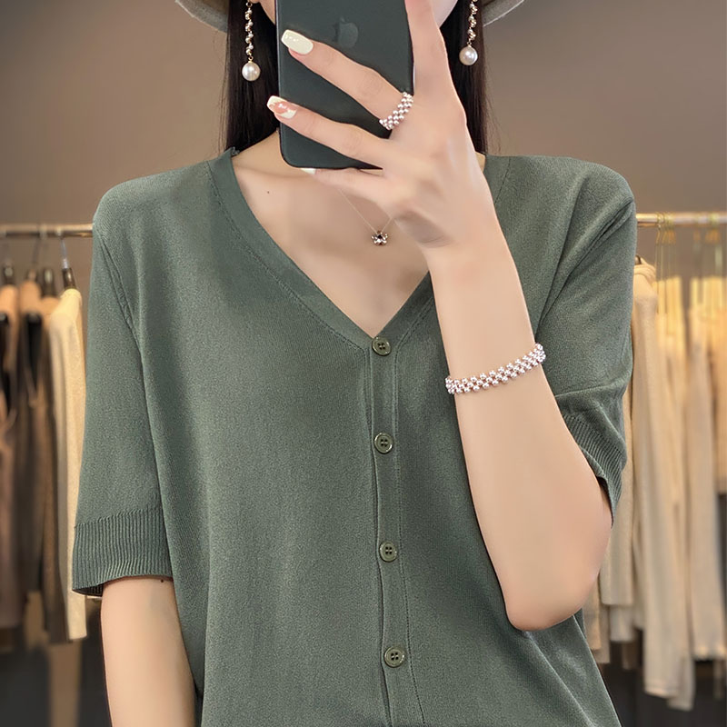 Lente En Zomer Nieuw Ijs Zijde Vest Korte Mouw V-Hals Joker Losse Dunne T-Shirt Trui Bottom Shirt Top: S / Army Green