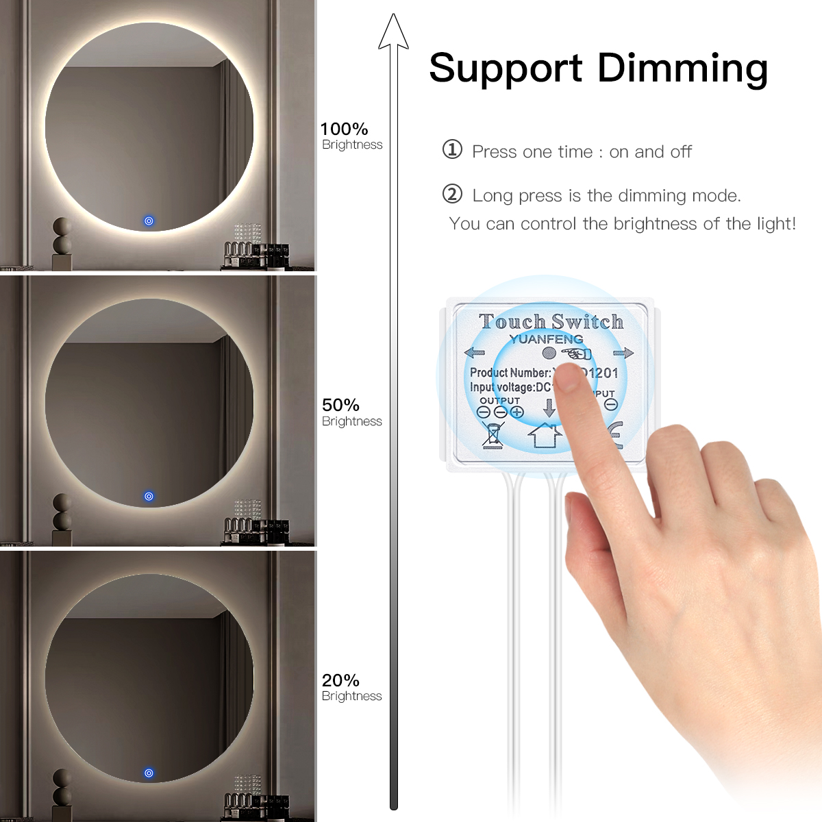 Espejo de maquillaje para baño, lente de cristal, tira de luz LED COB de 5V, alimentado por USB, interruptor regulable con Sensor táctil de tocador de pared Penetrable