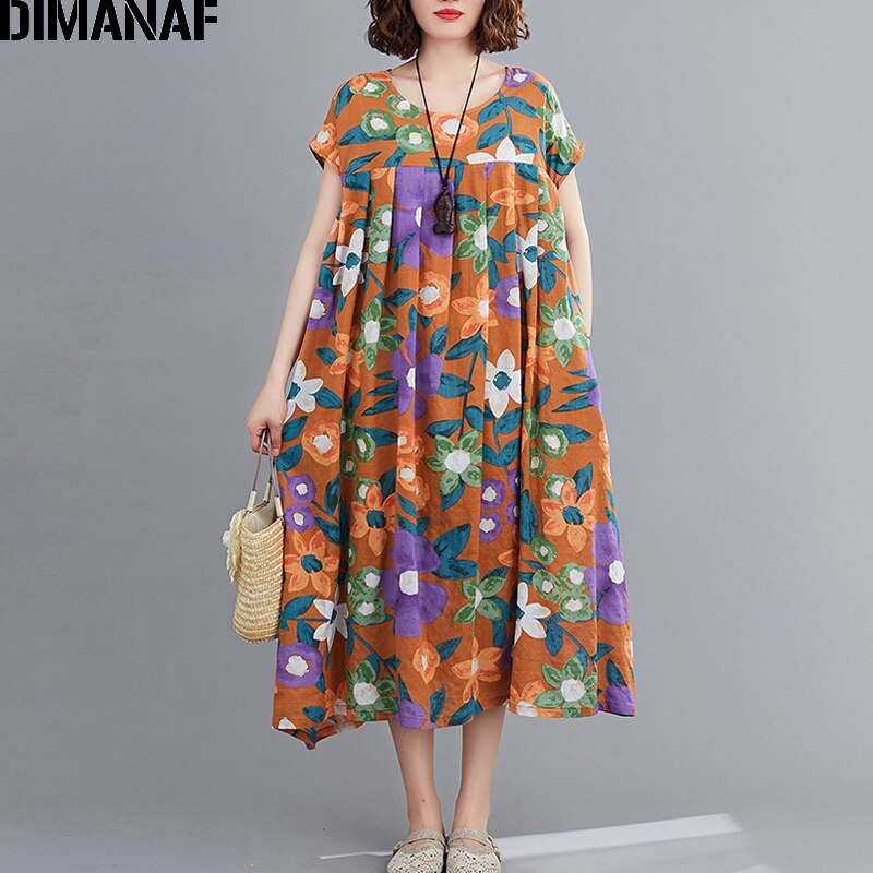 Dimanaf sommer plus størrelse kvinder kjole strand stil kvinde vestidos solkjole løst print blomster plisseret dame lang kjole