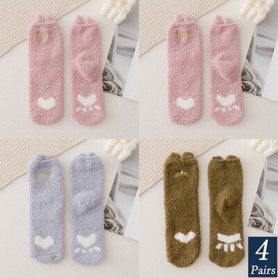 4 pary damskie zimowe ciepłe skarpetki różbyć winnym cukierki jednokolorowe miękkie puszyste skarpetki z owczej skóry gruby koralowy aksamit zamazany długie skarpety frotte: 3