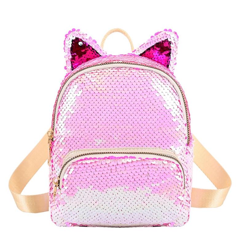 Mochila de lentejuelas con orejas de gato para chicas, bolso escolar de viaje, con cremallera: Light Pink