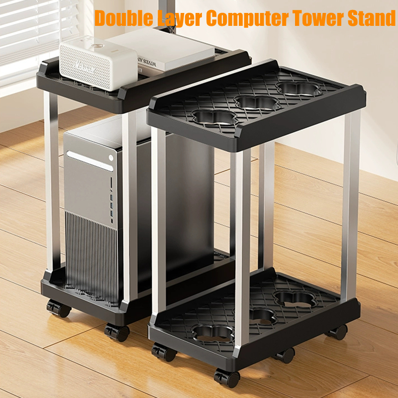 Double Layer Computer Tower Stand Mobile Base with Universal Wheels Simple Storage Heightening Case Support Bracket PC CPU Stand