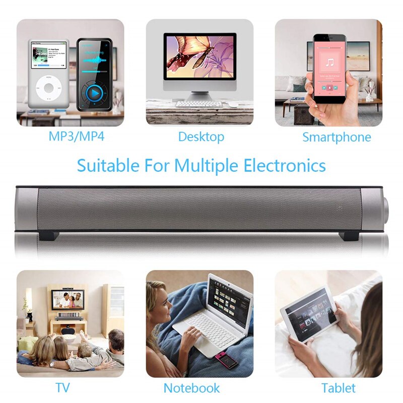 Home Theater Audio Sound Bar Wireless Bluetooth Stereo Speaker Mini Sound Bar Built-in Subwoofers for Phones/Tablets/PC/Desktop