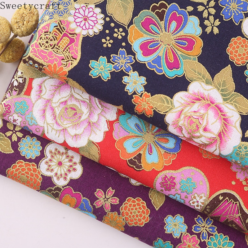 Tela de algodón estilo japonés para Kimono tela de cheongsam con estampado de bronce para bolso, vestido, retales, material textil para el hogar, 150x100cm