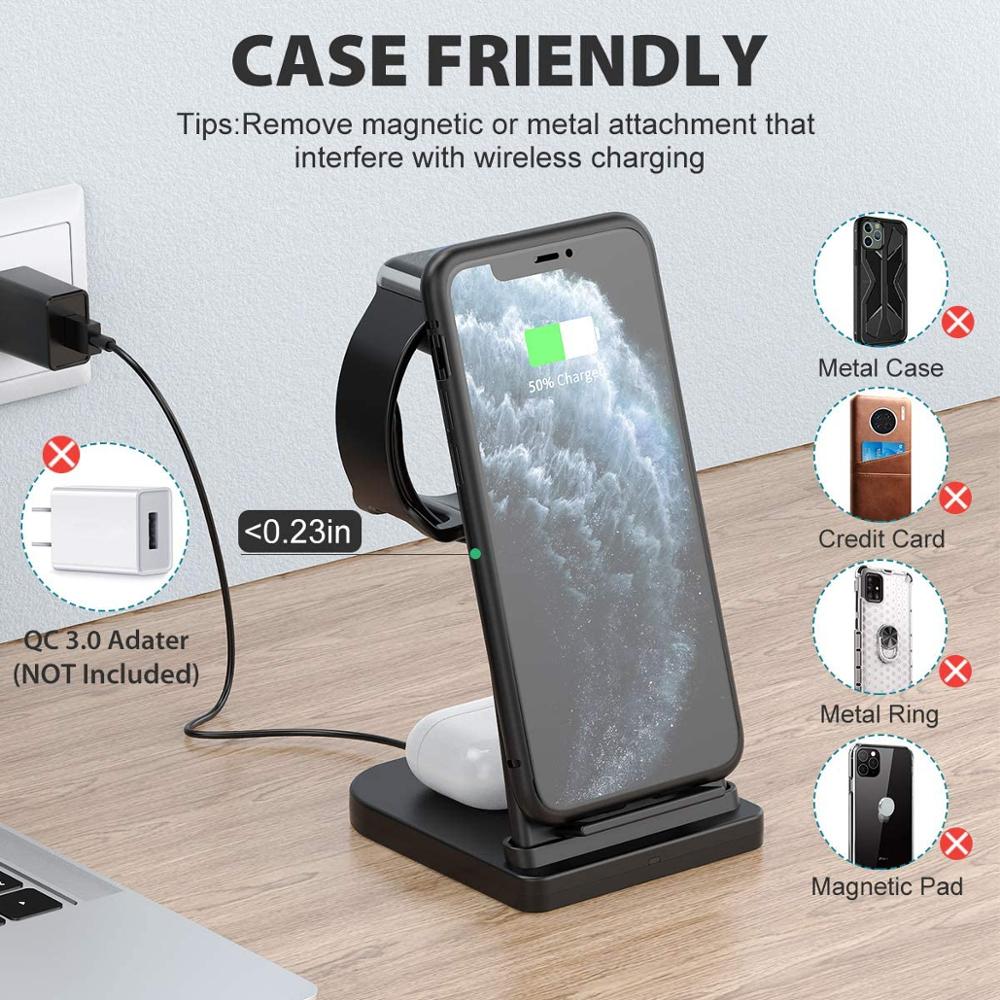 Soporte de carga inalámbrica para Apple Watch, estación de carga rápida Qi de 15W, 3 en 1 para iPhone 12, 11, XS, XR, X, 8, 6, 5, 4, 3 y 2, Airpods Pro