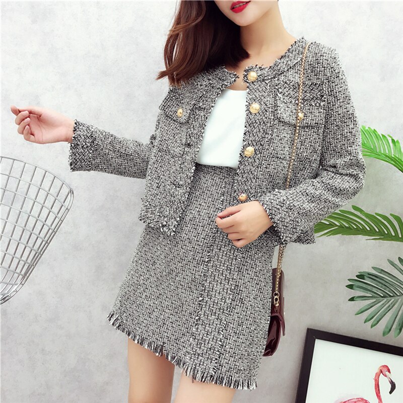 Tweed Set Suit Autumn Winter Runway Women's Single Breasted Short Jacket Coat + High Waist Tassels Bodycon Mini Skirt Set: Gray Set / XS