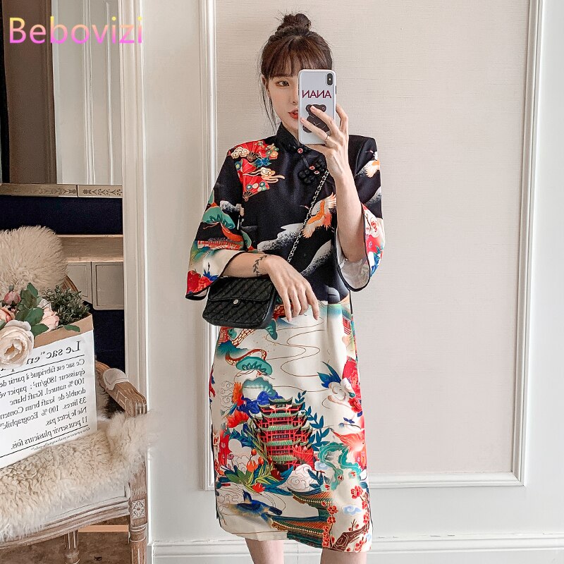 Vestido Cheongsam de talla grande XXL 3XL 4XL, moderna para mujer, informal, Qipao negro, ropa tradicional china