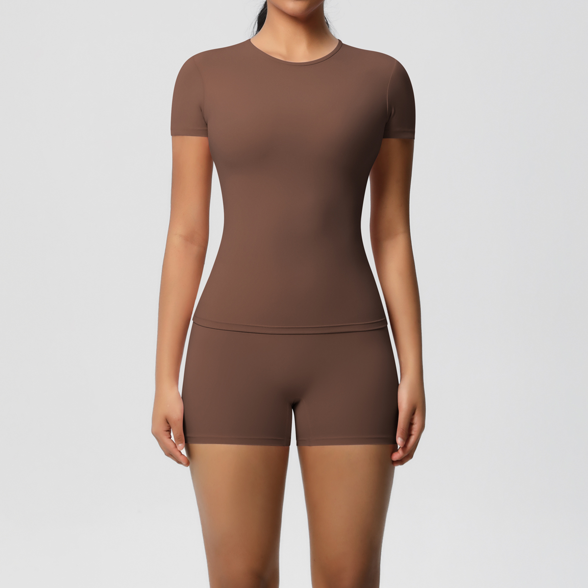 2 -delat yogaset gymkläder sportkläder yogadräkter för kvinnor fitness kortärmad crop top träningsdräkter sport-bh gym: M / Beige