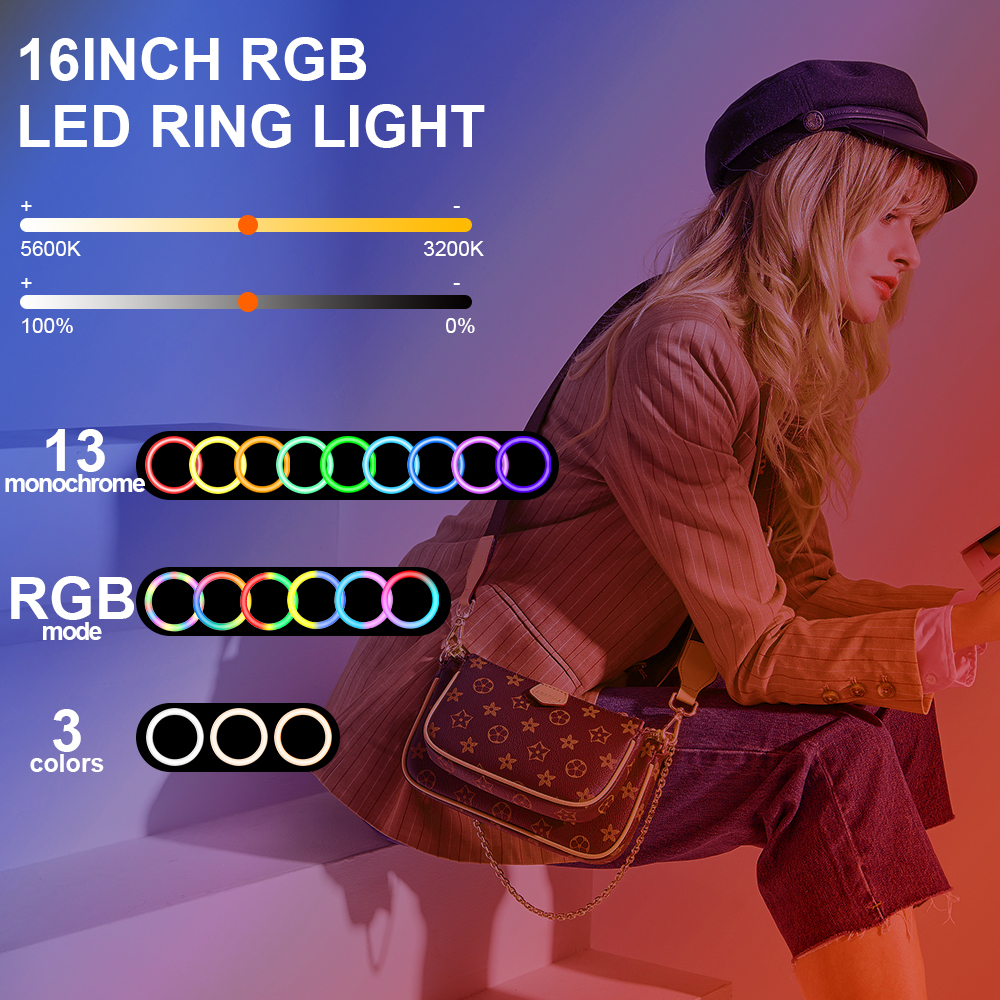 16 Inch Led Selfie Ring Licht Rgb Dimbare Ring Lamp Met 200Cm Statief Stand Fotografische Live Verlichting 3 Telefoon clips Vulling Licht