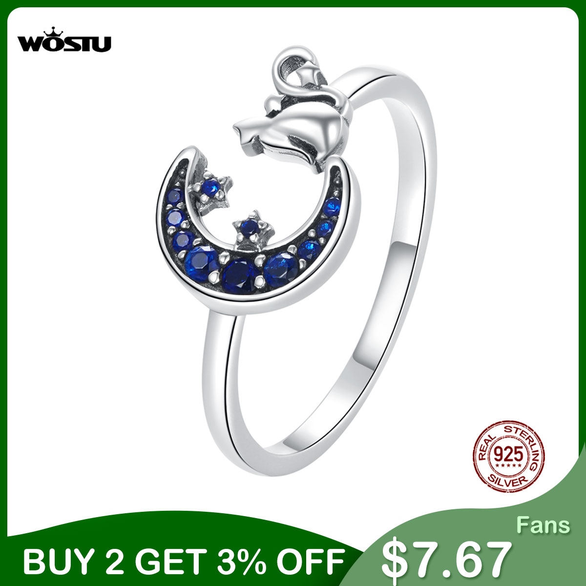 Wostu Moon &amp; Kat Open Ring 925 Sterling Zilver Blauw Zirkoon Verstelbare Size Animal Ring Voor Vrouwen Vingers Trendy Sieraden CQR677