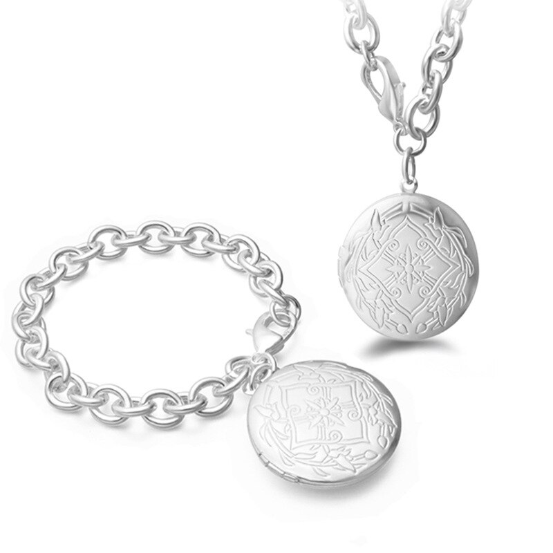 OMHXZJ Persoonlijkheid Mode Vrouw Foto Doos Cirkels Ketting 925 Sterling Zilveren Armband + Ketting Sieraden Set SE31