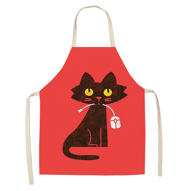 Keukenschort voor vrouwen, schattige cartoon kat bedrukt, mouwloze katoenen linnen schorten voor koken, schoonmaakgereedschap 53*65cm: M