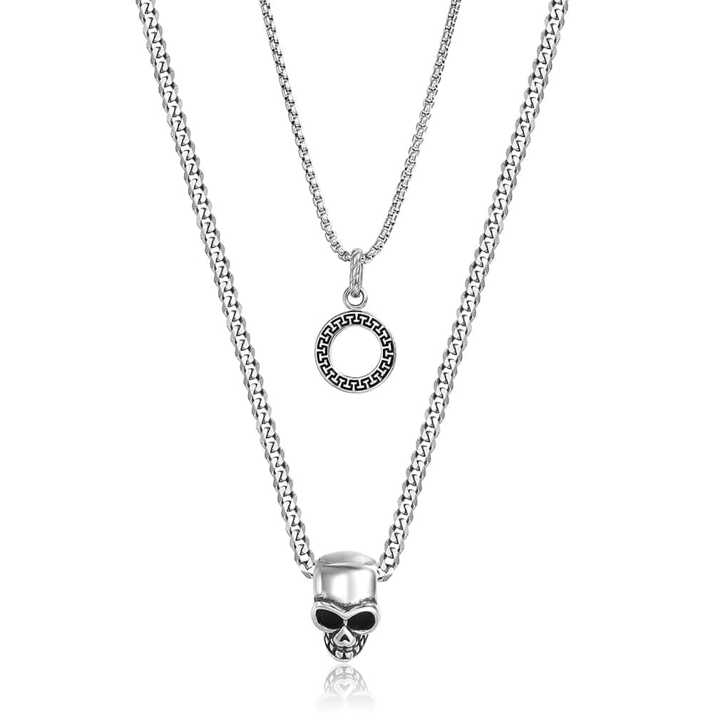 Double layer Circle Skull Pendant Charm Choker Necklace Men Women Vintage Punk Curb Cuban Link Chain jewelry TNS015