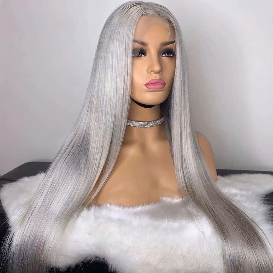 Straight Synthetic Lace Front Wig For Women Platinum Ash Grey Long Hair Heat Resistant Fiber Synthetic Wig Natural Hairline