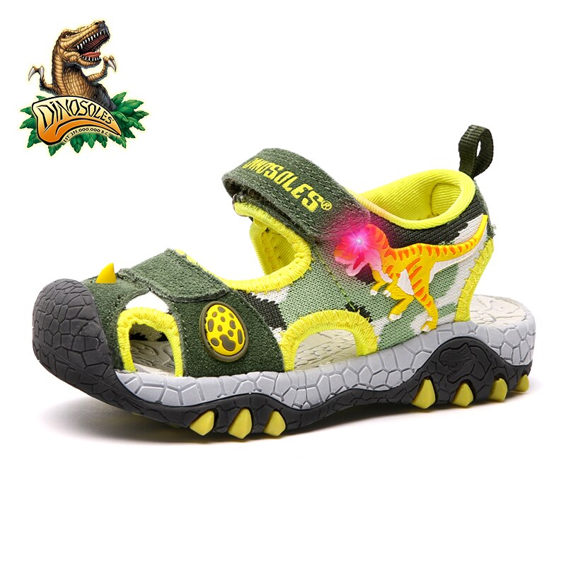 Dinoskulls sommarskor pojke lyser upp läder barn sandaler 3d dinosaurie barn strandskor led barn toddler sandaler: Armégrön / 32