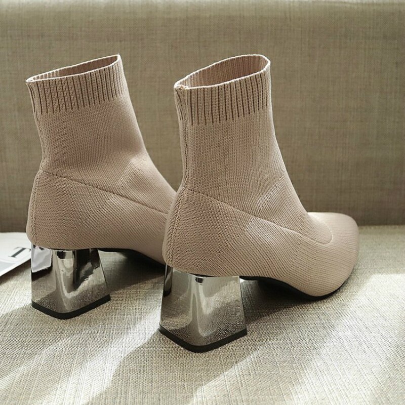 Vrouwen Schoenen Martin Laarzen Hoge Hak Stretch Stof Enkellaarsjes Voor Vrouwen Mode Wees Sok Schoenen Zapatos De mujer
