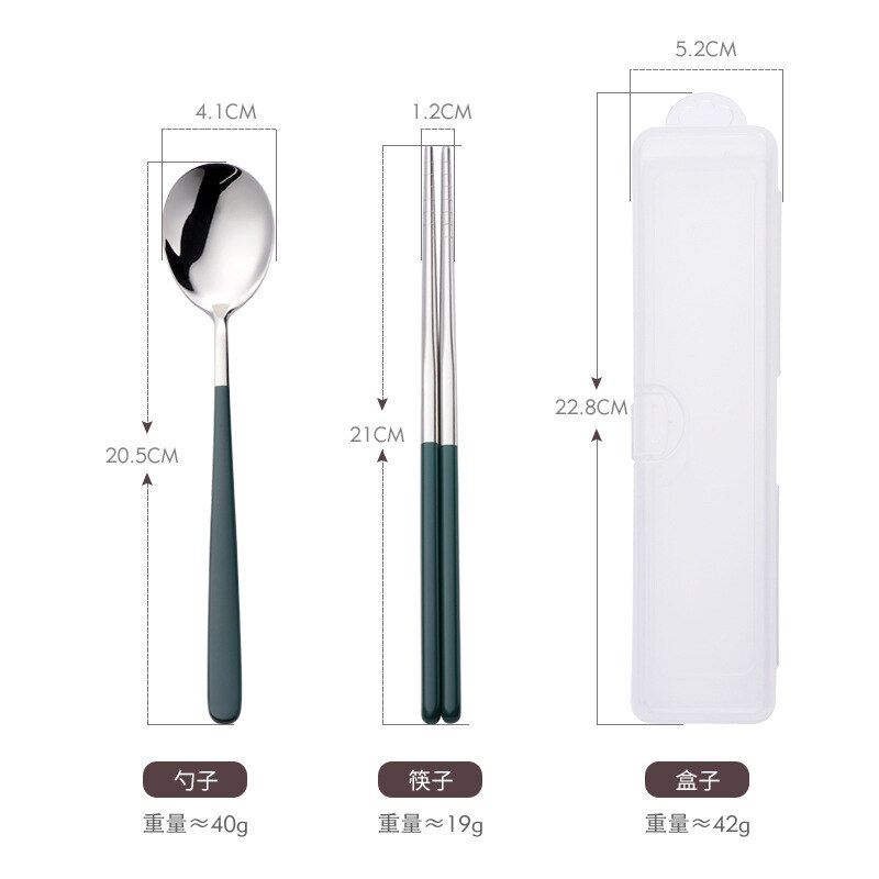 Korean Style 304 Stainless Steel Portable Tableware Set Fork Spoon Chopsticks Three-piece Set Outdoor Travel Tableware Set: 2pcs Green