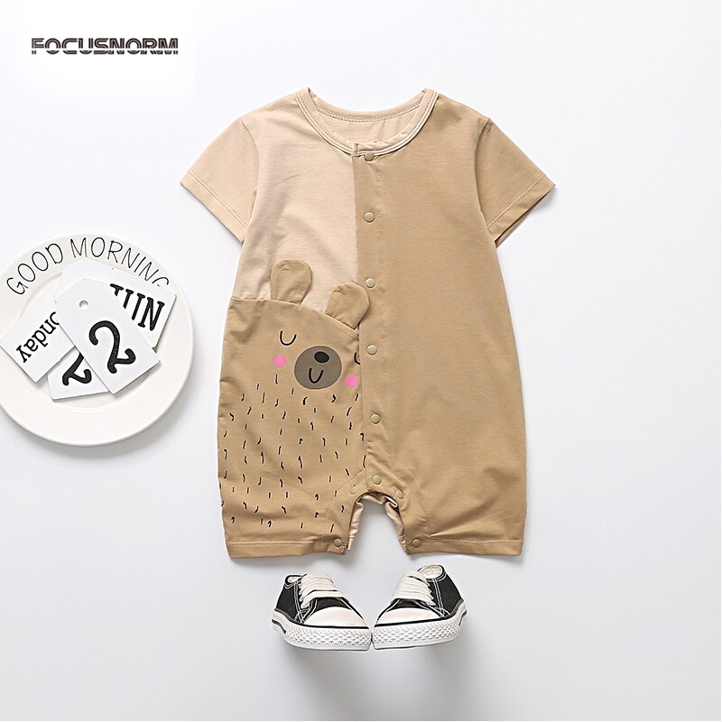 Focusnorm baby jongens romper kleding enkelrijs korte mouwen cartoon print kaki casual outfits