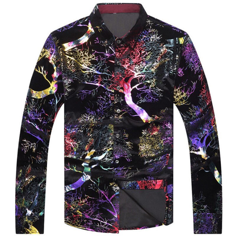 Luxury Gold Velvet Men's Shirts Casual Print Long Sleeve Shirt Men Shiny Tuxedo Shirts camisa masculina