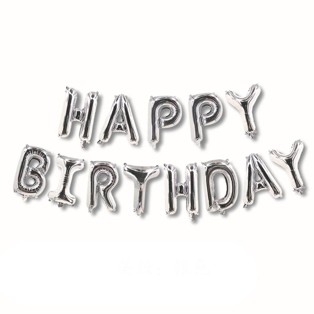 Ballon en aluminium avec corps fin anglais lettre joyeux anniversaire | 10 pièces, 16 pouces, paille et ruban: Argent