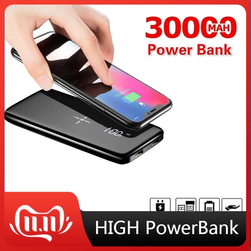 Wireless 30000mah Power Bank Dual USB quick Charge Mirror Screen Wireless Charger Powerbank Bateria External For iphone8 X