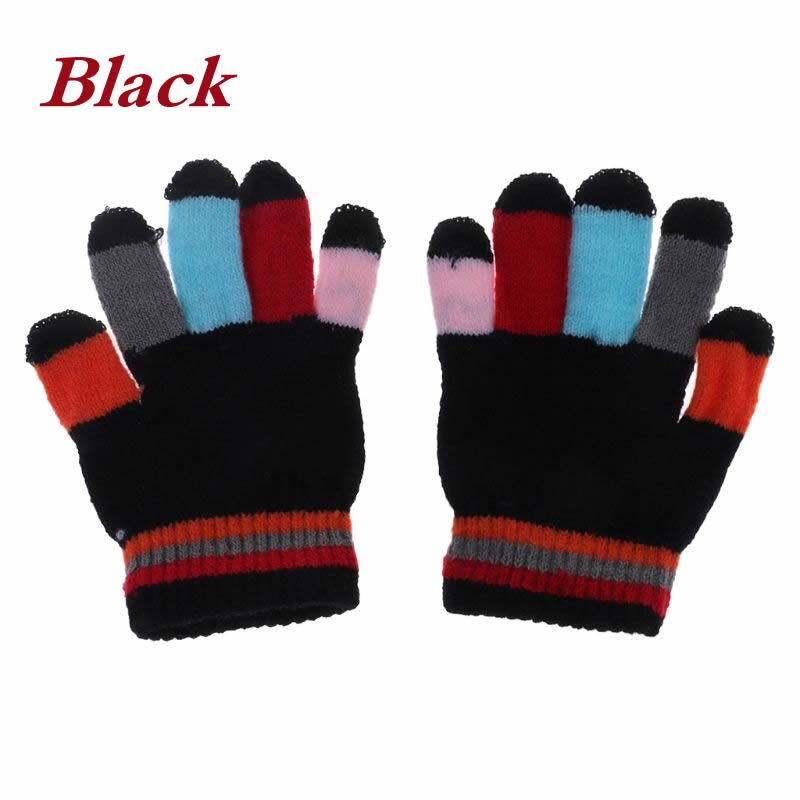 1 par børnehandsker fuldfinger varm vinter børn farverige stribe strikkede drenge piger solid handske flerfarvet elastik: Sort