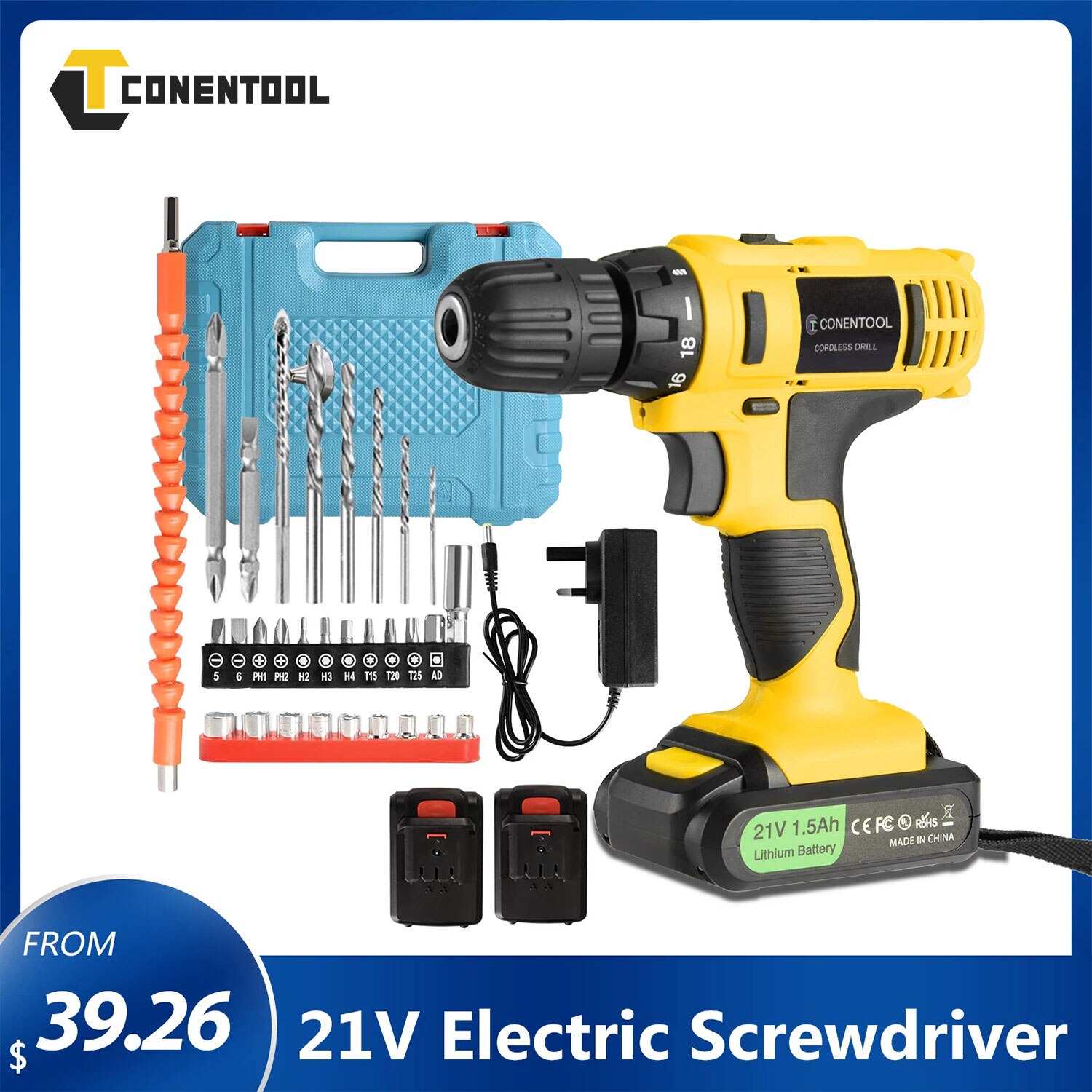 CONENTOOL-destornillador eléctrico inalámbrico de 21V, taladro recargable de impacto LED de 2 velocidades, herramientas eléctricas, paquete de batería de 1.5Ah