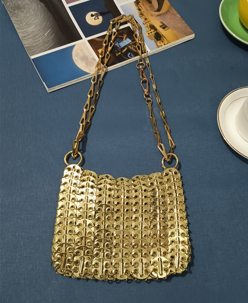 Frauen Taschen Silber Metall Pailletten Kette Gewebte Tasche Hohl Abend Taschen Kupplung Weibliche Reise Schulter Tasche Handtasche: Gold