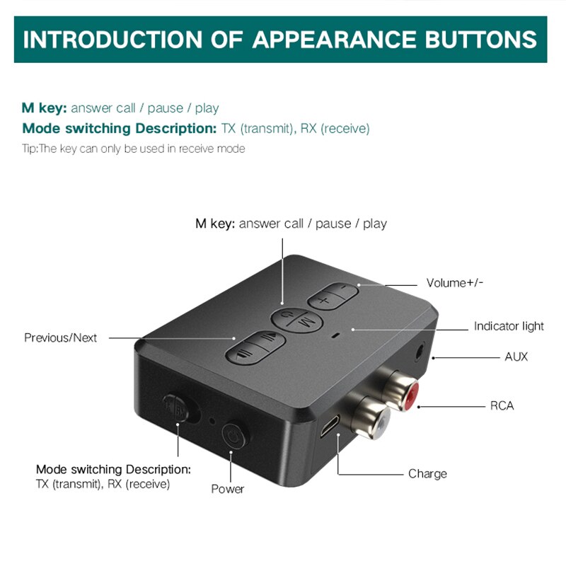 Bluetooth 5.0 lydmottaker sender rca 3.5mm aux jack musikk 400 mah stereo trådløs adapter håndfri samtale for bil pc tv