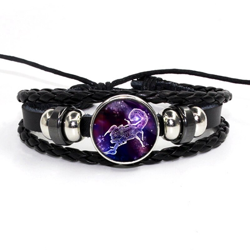 Luminosos 12 signos del zodiaco pulsera que brillan en la constelación oscura cabujón de cristal botón a presión pulseras de cuero de cumpleaños